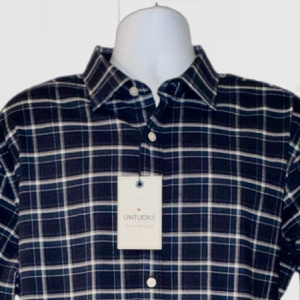 Untuckit NWT Blue Plaid Long Sleeve Shirt Benoit/Navy Men’s Size-XXL - Slim Fit
